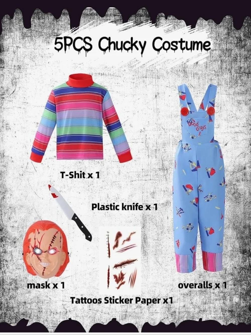 Kids Chucky Blue Striped Overalls Halloween Costume with Mask